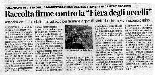 Aricolo de Il Secolo XIX dedicato alla raccolta di firme online contro lo svolgimento della fiera degli uccelli che si tiene ogni anno a Sarzana la prima Domenica di Settembre.